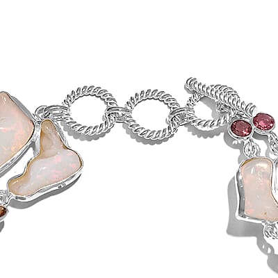 Artisan Crafted Rough Cut Ethiopian Welo Opal and Multi-Tourmaline Bracelet in Sterling Silver (7.25 In) 40.15 ctw