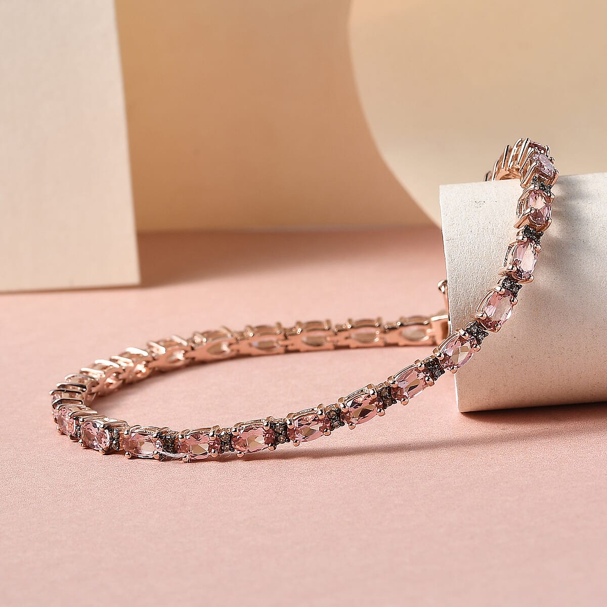 Blush Tourmaline, Natural Champagne Diamond Tennis Bracelet in Vermeil RG Over Sterling Silver (7.25 In) 6.50 ctw image number 1