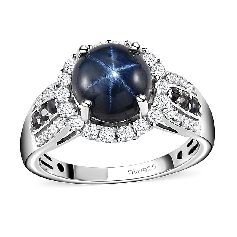 Blue Star Sapphire and Multi Gemstone Ring in Platinum Over Sterling Silver (Size 10.0) 5.15 ctw