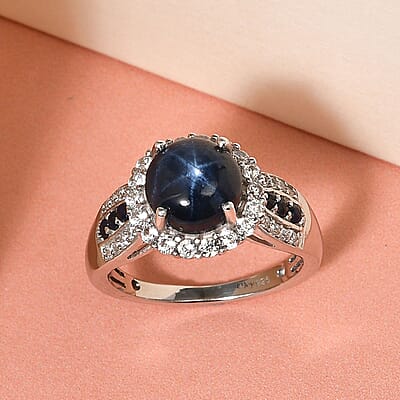 Blue Star Sapphire and Multi Gemstone Ring in Platinum Over Sterling Silver (Size 10.0) 5.15 ctw