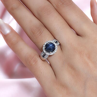 Blue Star Sapphire and Multi Gemstone Ring in Platinum Over Sterling Silver (Size 10.0) 5.15 ctw