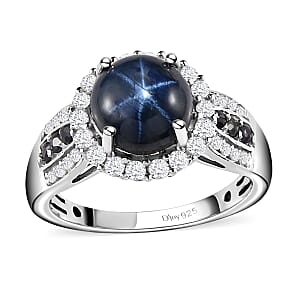 Thai Blue Star Sapphire (DF) and Multi Gemstone Ring in Platinum Over Sterling Silver (Size 7.0) 5.15 ctw