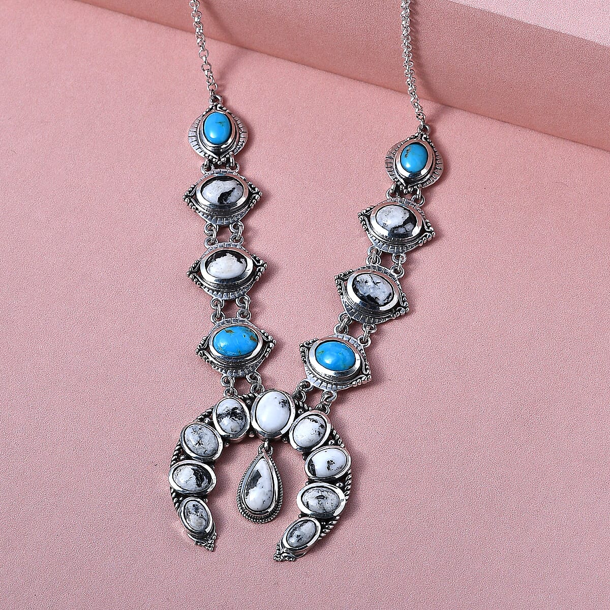 White Buffalo Necklace in Sterling Silver , South Hill Turquoise Necklace, Squash Blossom Necklace, Silver Wedding Gifts image number 1