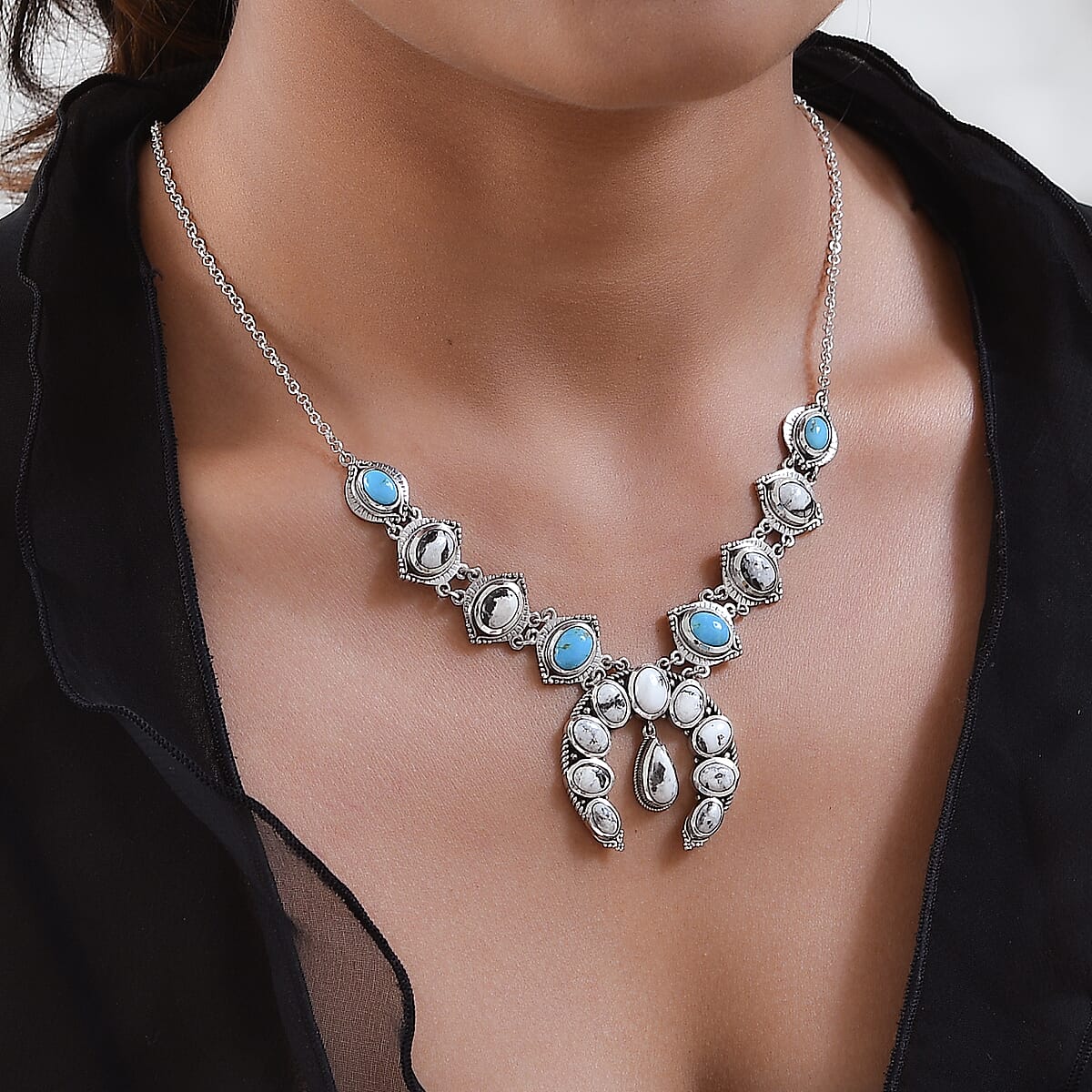 White Buffalo Necklace in Sterling Silver , South Hill Turquoise Necklace, Squash Blossom Necklace, Silver Wedding Gifts image number 2