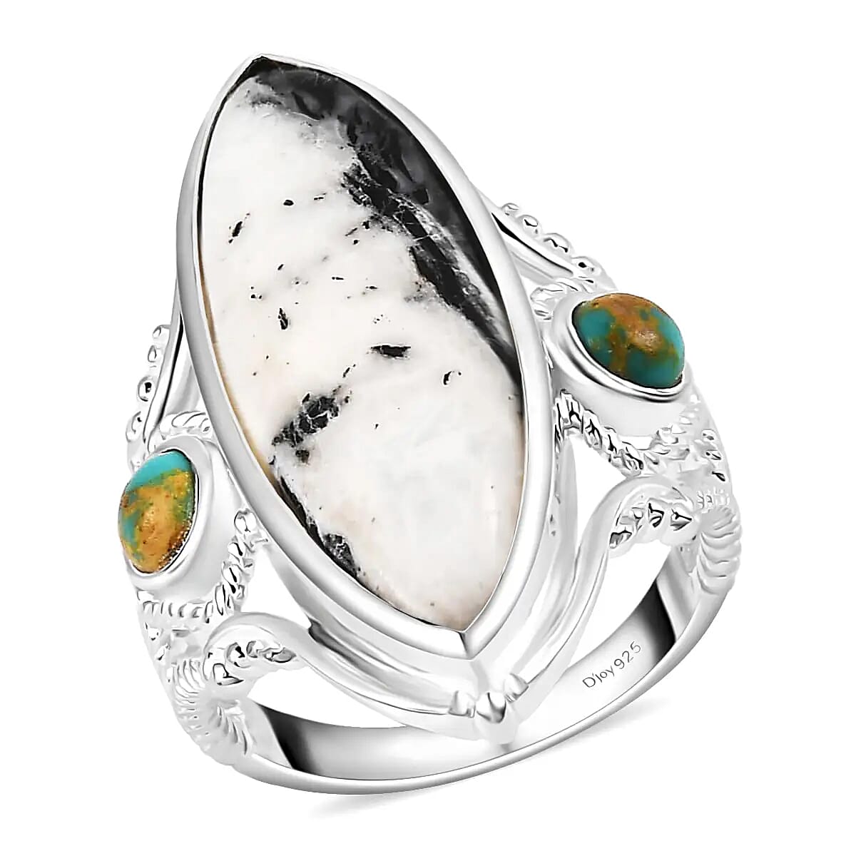 White Buffalo and Royston Turquoise Elongated Ring in Sterling Silver (Size 11.0) 10.30 ctw image number 0