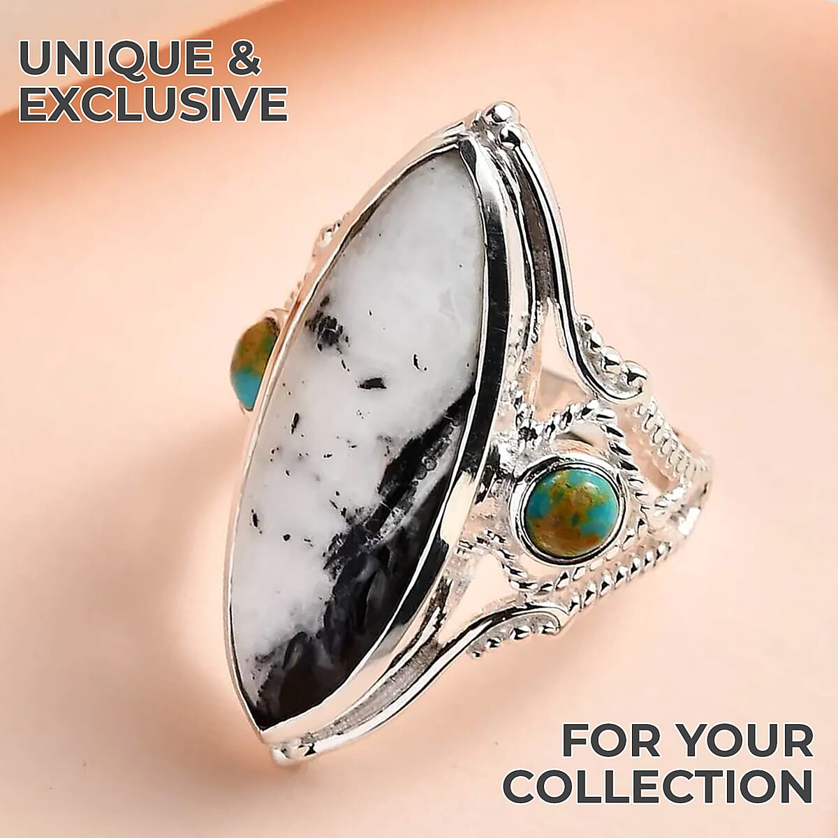 White Buffalo and Royston Turquoise Elongated Ring in Sterling Silver (Size 11.0) 10.30 ctw image number 1