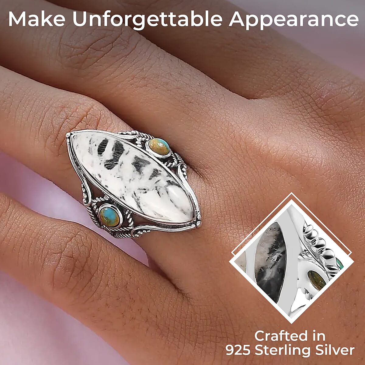 White Buffalo and Royston Turquoise Elongated Ring in Sterling Silver (Size 11.0) 10.30 ctw image number 2