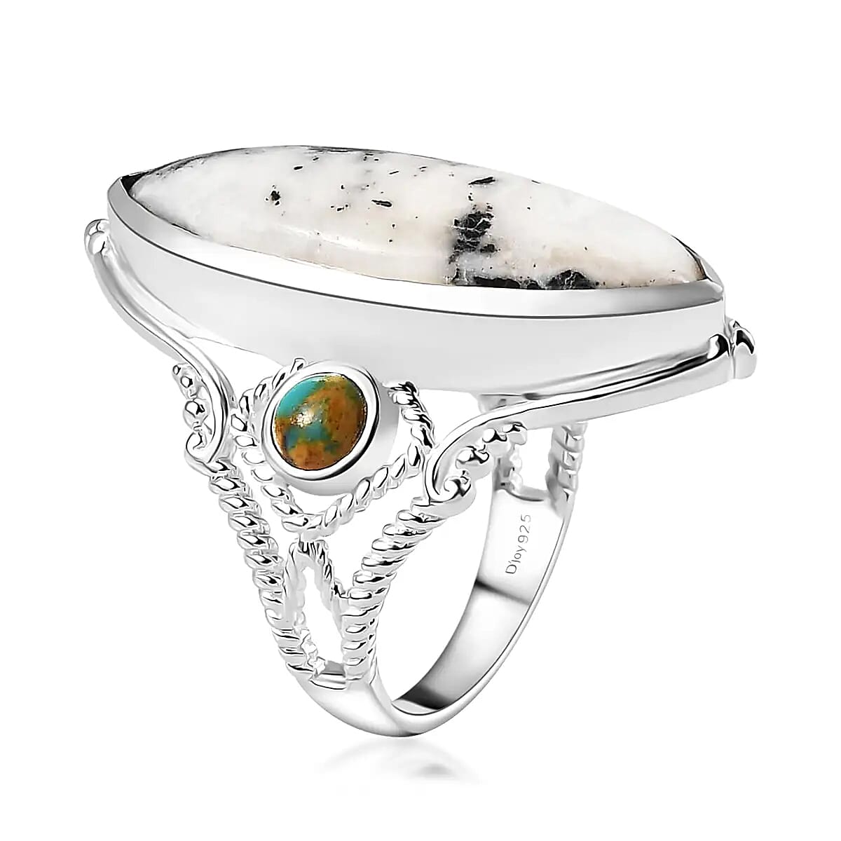 White Buffalo and Royston Turquoise Elongated Ring in Sterling Silver (Size 11.0) 10.30 ctw image number 3