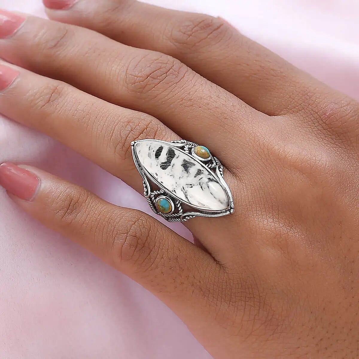 White Buffalo and Royston Turquoise Elongated Ring in Sterling Silver (Size 11.0) 10.30 ctw image number 5