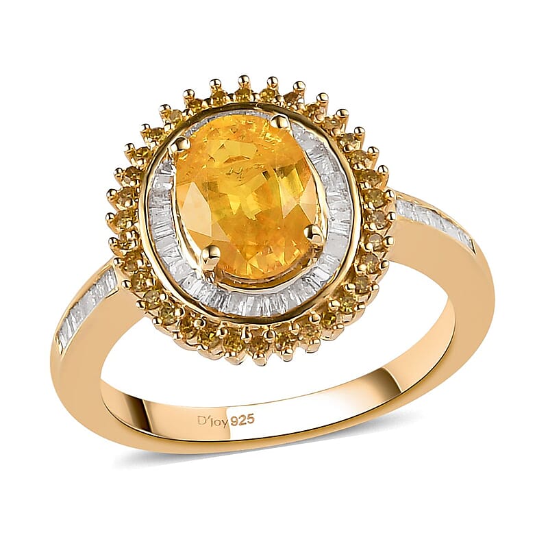 Madagascar Yellow Sapphire, Yellow and White Diamond Double Halo Ring in Vermeil Yellow Gold Over Sterling Silver (Size 10.0) 1.90 ctw