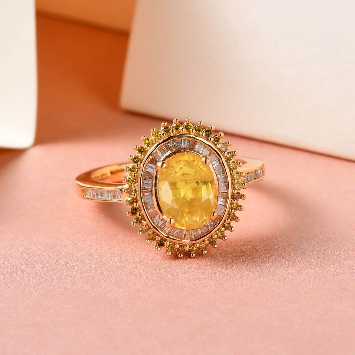 Madagascar Yellow Sapphire, Yellow and White Diamond (Natural & IR) (0.40 cts) Double Halo Ring in Vermeil YG Over Sterling Silver (Size 10.0) 1.90 ctw image number 1