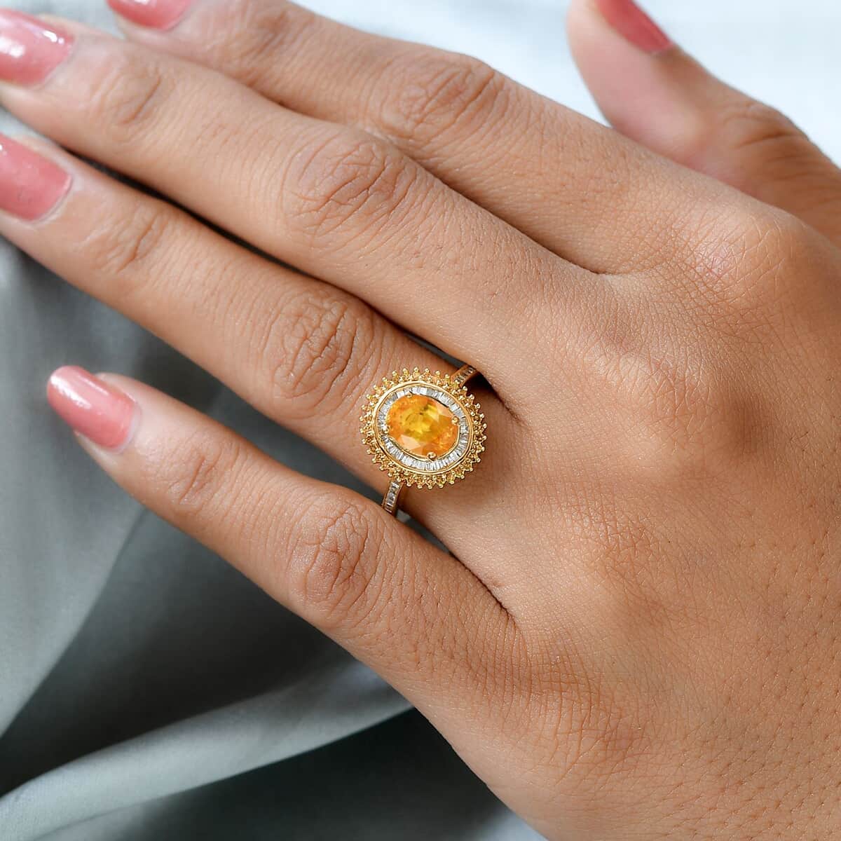 Madagascar Yellow Sapphire, Yellow and White Diamond (Natural & IR) (0.40 cts) Double Halo Ring in Vermeil YG Over Sterling Silver (Size 10.0) 1.90 ctw image number 2