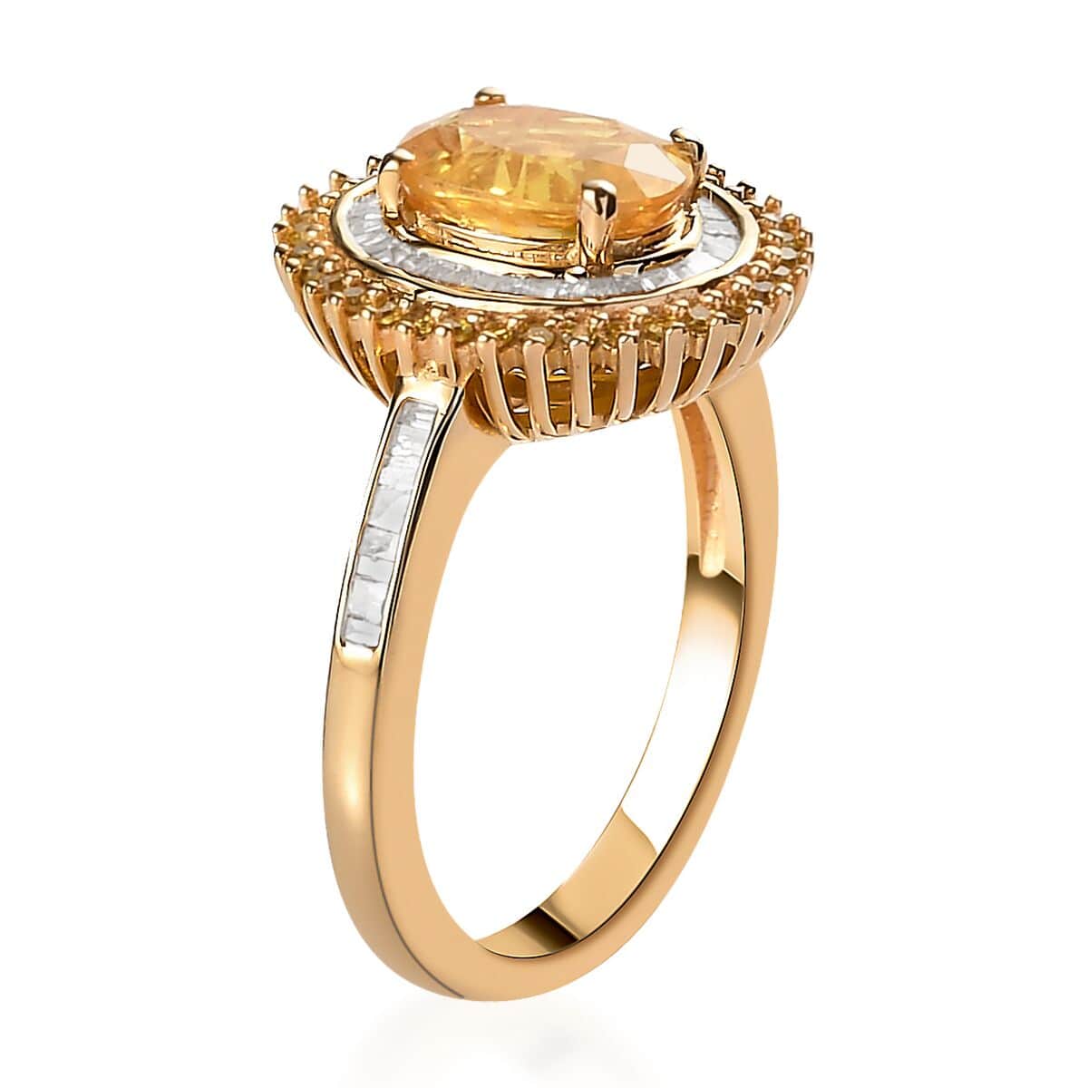 Madagascar Yellow Sapphire, Yellow and White Diamond (Natural & IR) (0.40 cts) Double Halo Ring in Vermeil YG Over Sterling Silver (Size 10.0) 1.90 ctw image number 3