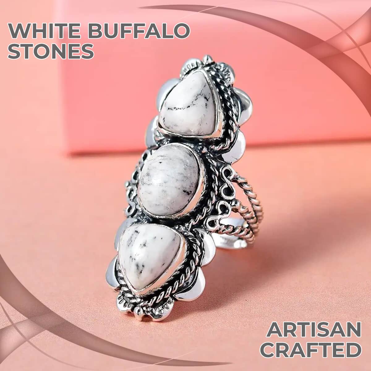 Artisan Crafted White Buffalo 3 Stone Moon Ring in Sterling Silver (Size 10.0) (8.65 g) 6.90 ctw image number 1