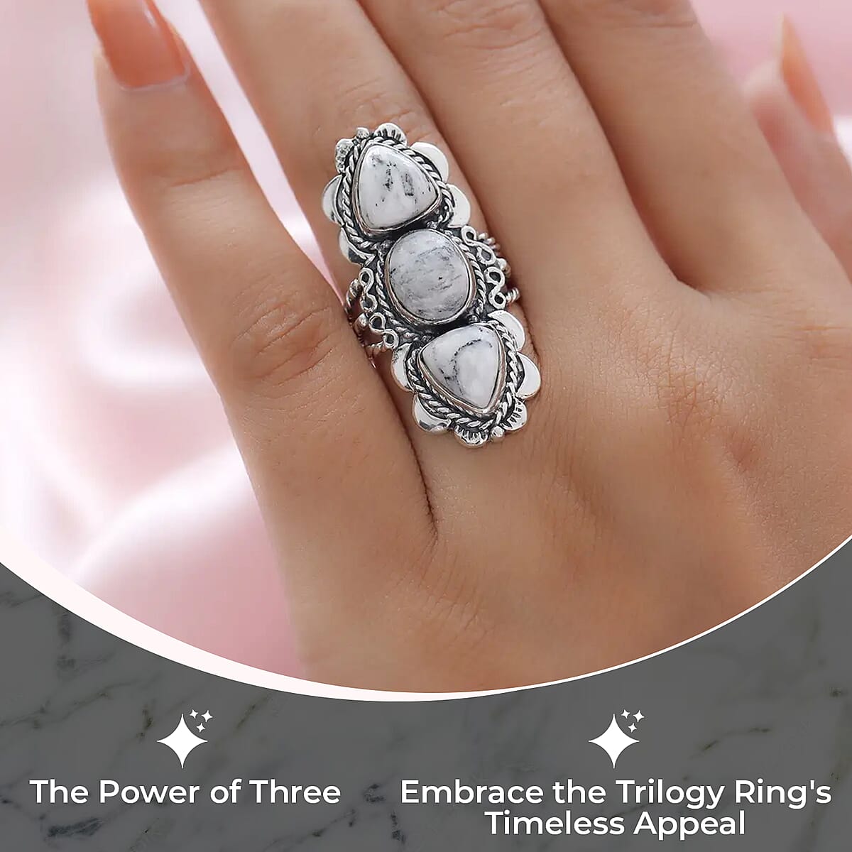 Artisan Crafted White Buffalo Ring, 3 Stone Moon Ring, 3 Stone Ring, Trilogy Ring, Sterling Silver Ring, Elongated Ring 6.90 ctw image number 2