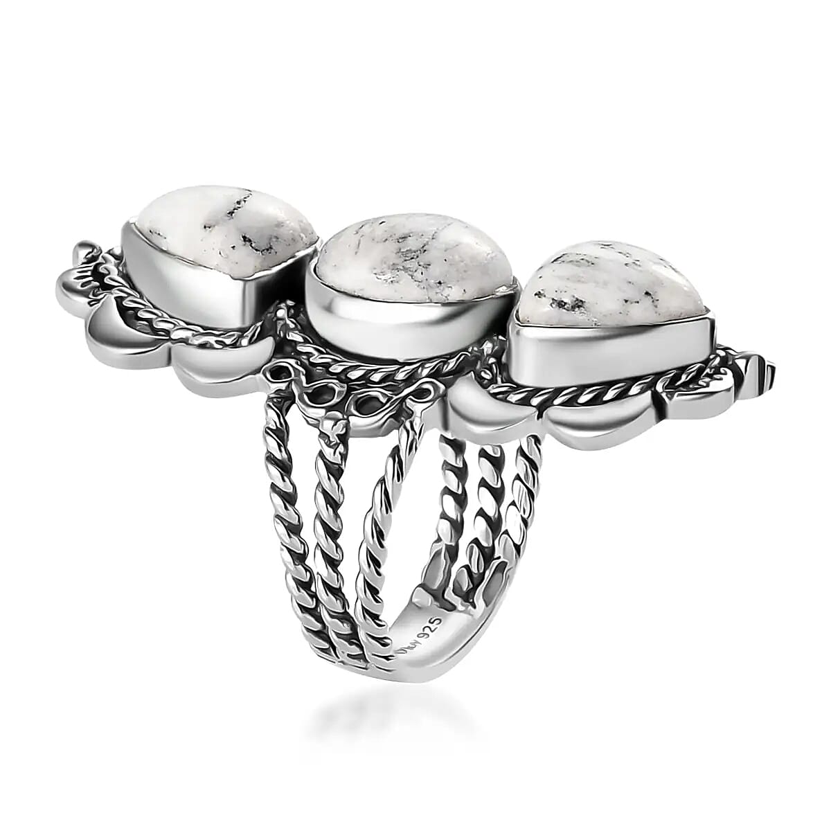 Artisan Crafted White Buffalo Ring, 3 Stone Moon Ring, 3 Stone Ring, Trilogy Ring, Sterling Silver Ring, Elongated Ring 6.90 ctw image number 3