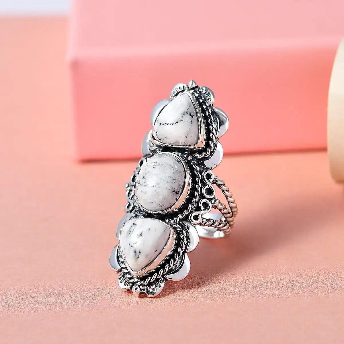 Artisan Crafted White Buffalo Ring, 3 Stone Moon Ring, 3 Stone Ring, Trilogy Ring, Sterling Silver Ring, Elongated Ring 6.90 ctw image number 5