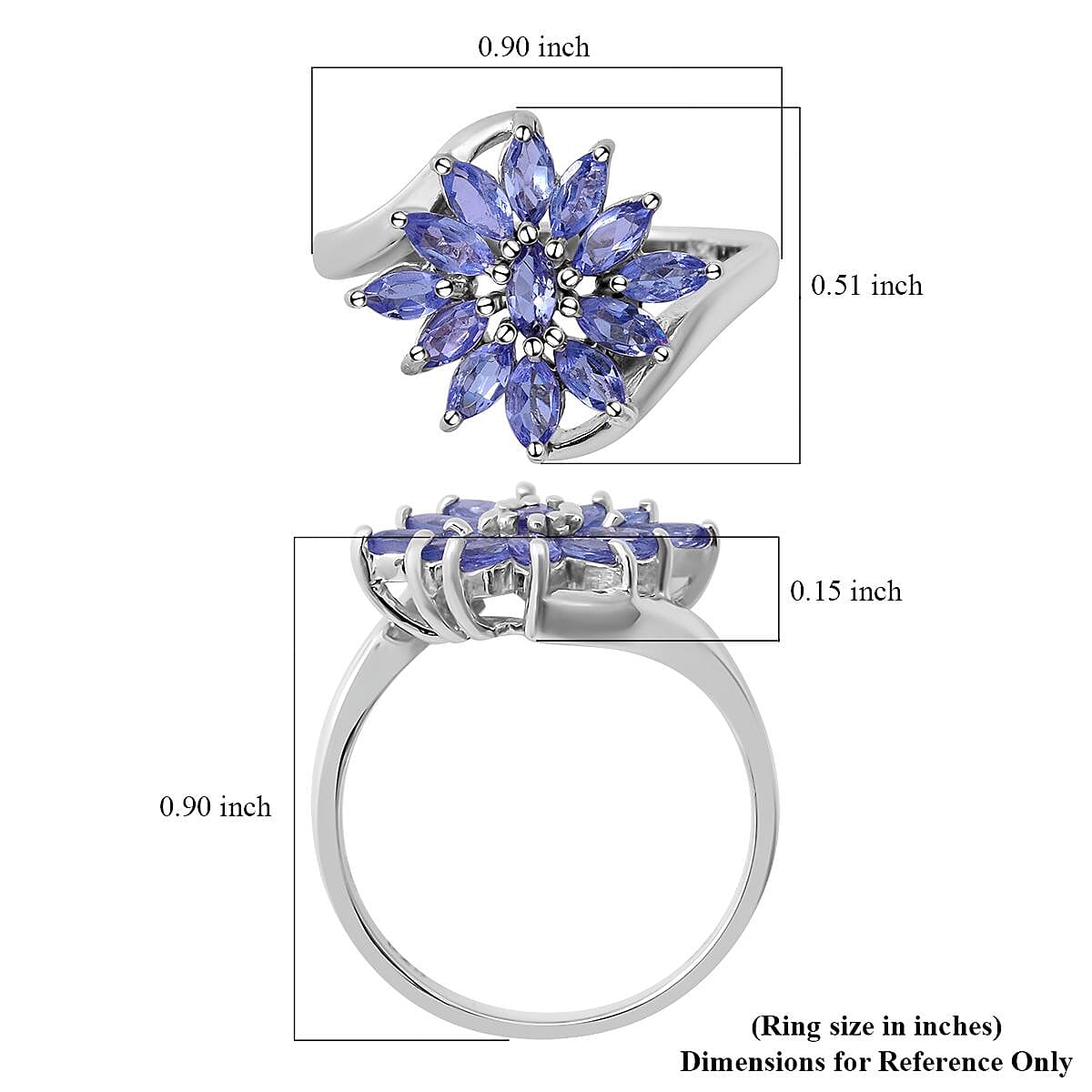 Tanzanite Bypass Floral Ring in Platinum Over Sterling Silver (Size 10.0) 1.10 ctw