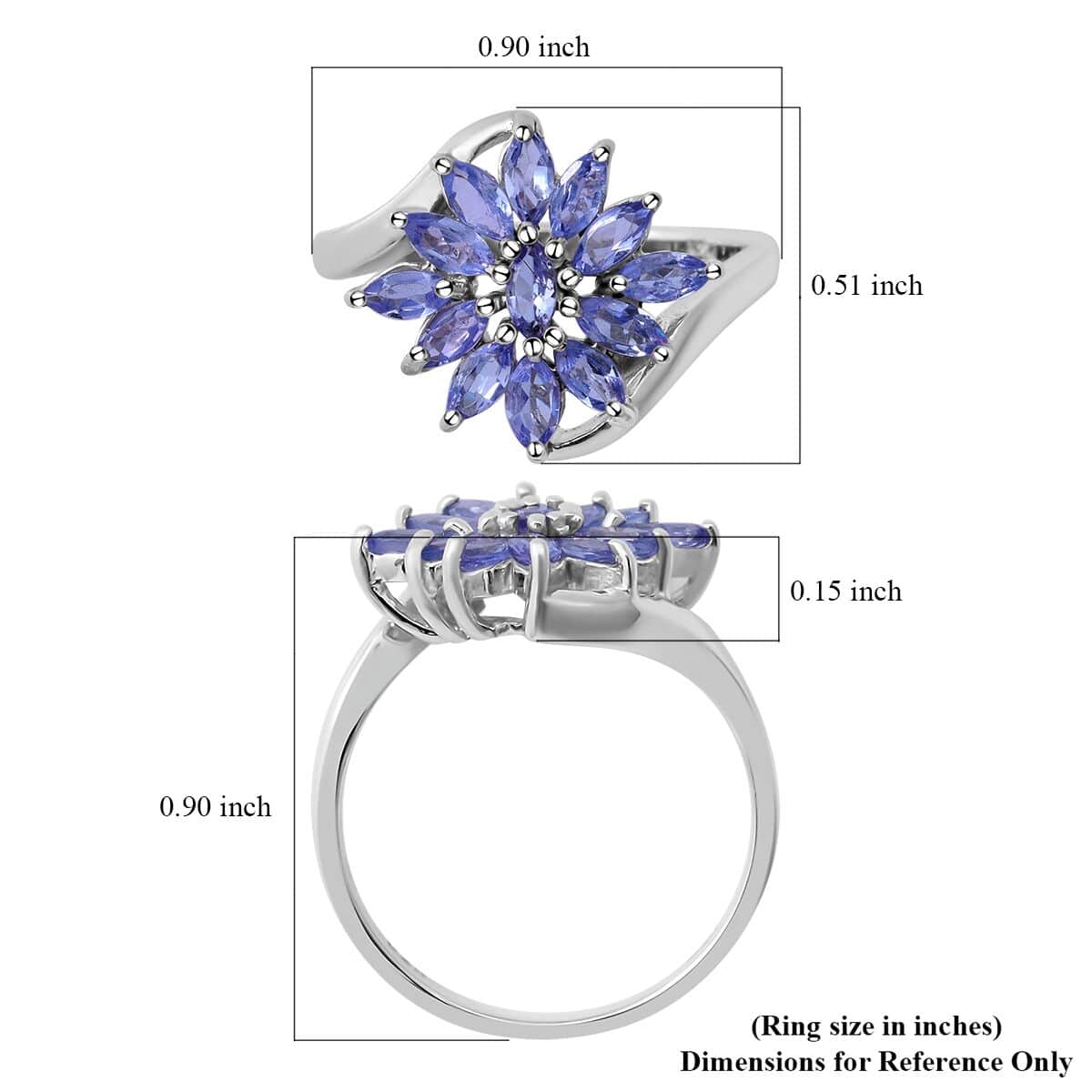 Tanzanite Bypass Floral Ring in Platinum Over Sterling Silver (Size 10.0) 1.10 ctw image number 4