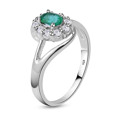 AAA Kagem Zambian Emerald and Natural White Zircon Bypass Halo Ring in Platinum Over Sterling Silver (Size 10.0) 1.00 ctw