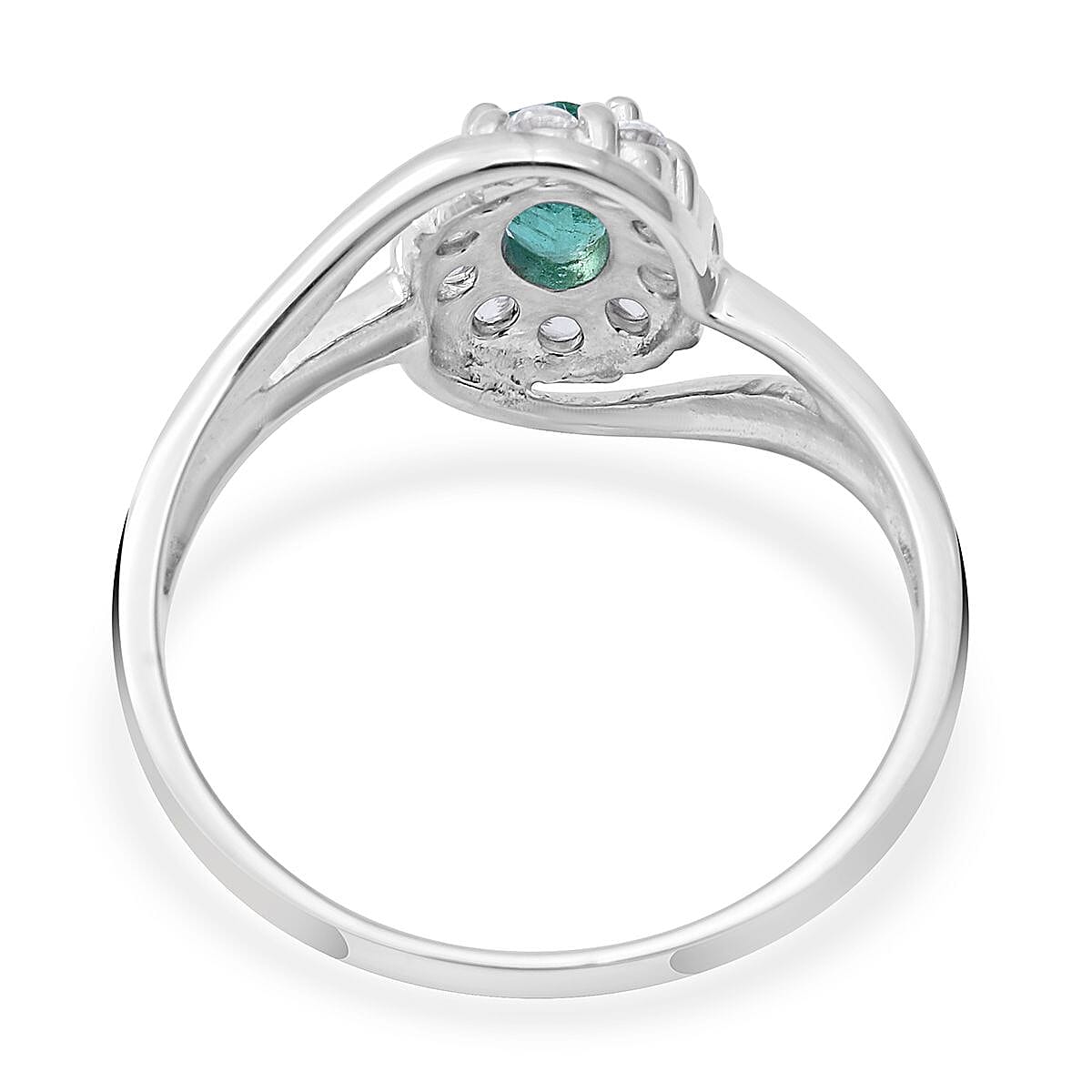 AAA Kagem Zambian Emerald and Natural White Zircon Bypass Halo Ring in Platinum Over Sterling Silver (Size 10.0) 1.00 ctw