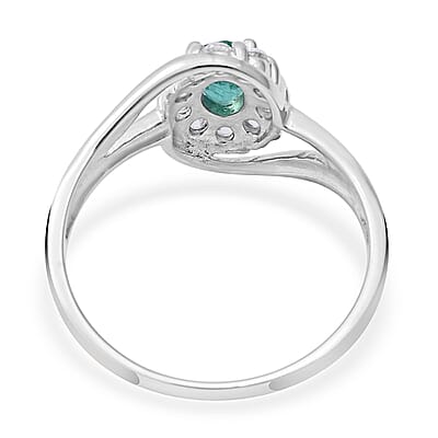 AAA Kagem Zambian Emerald and Natural White Zircon Bypass Halo Ring in Platinum Over Sterling Silver (Size 10.0) 1.00 ctw
