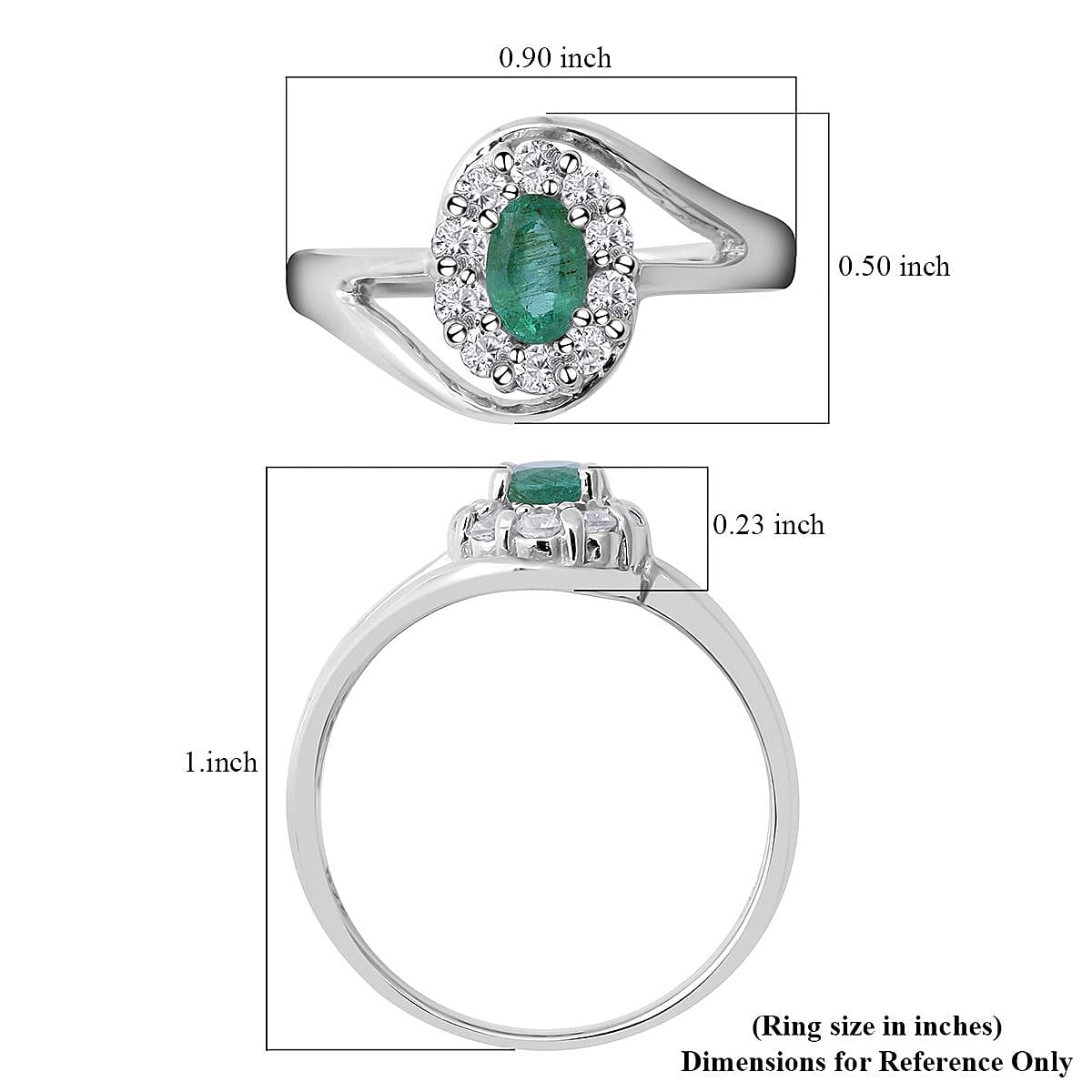 AAA Kagem Zambian Emerald and Natural White Zircon Bypass Halo Ring in Platinum Over Sterling Silver (Size 10.0) 1.00 ctw