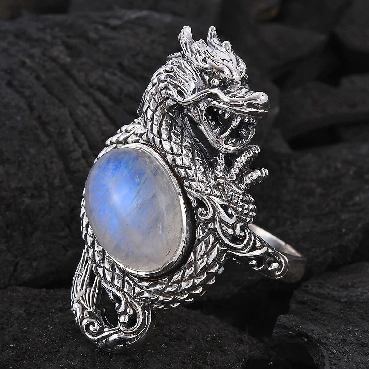 Bali Legacy Moon Glow Moonstone Dragon Ring in Sterling Silver (Size 5.0) 10.90 Grams 4.00 ctw image number 1