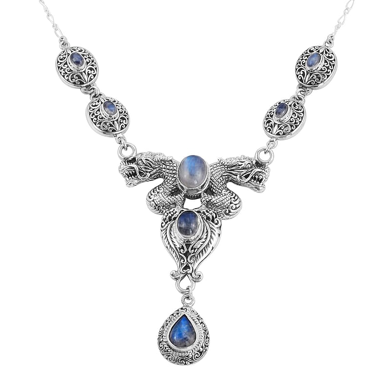 Bali Legacy Premium Rainbow Moonstone Dragon Necklace 20 Inches in Sterling Silver 12.60 ctw