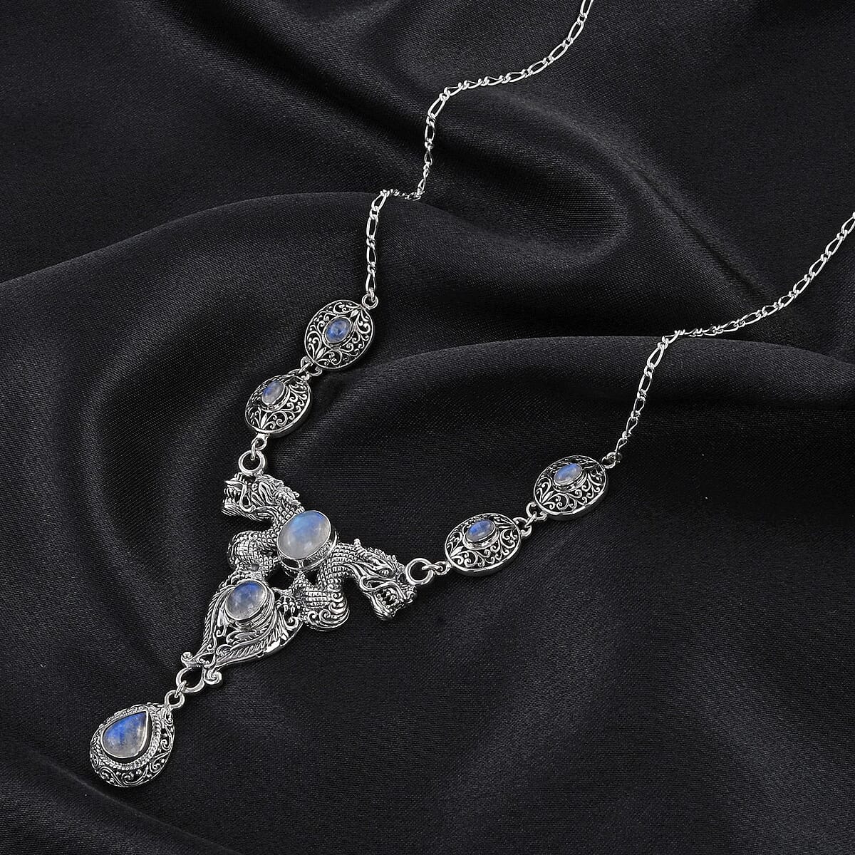 Bali Legacy Premium Rainbow Moonstone Dragon Necklace 20 Inches in Sterling Silver 12.60 ctw image number 1