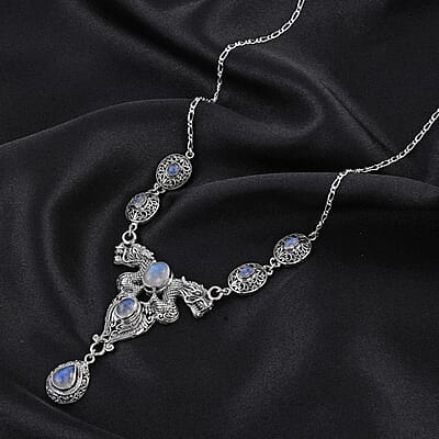 Bali Legacy Premium Rainbow Moonstone Dragon Necklace 20 Inches in Sterling Silver 12.60 ctw