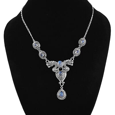 Bali Legacy Premium Rainbow Moonstone Dragon Necklace 20 Inches in Sterling Silver 12.60 ctw