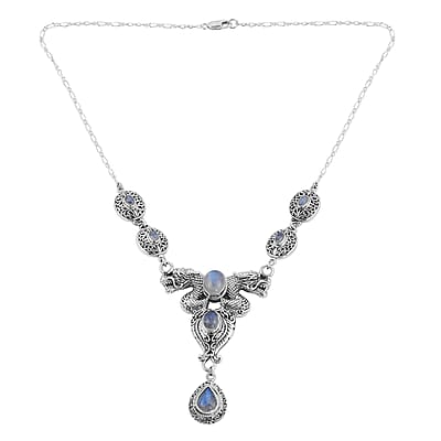 Bali Legacy Premium Rainbow Moonstone Dragon Necklace 20 Inches in Sterling Silver 12.60 ctw