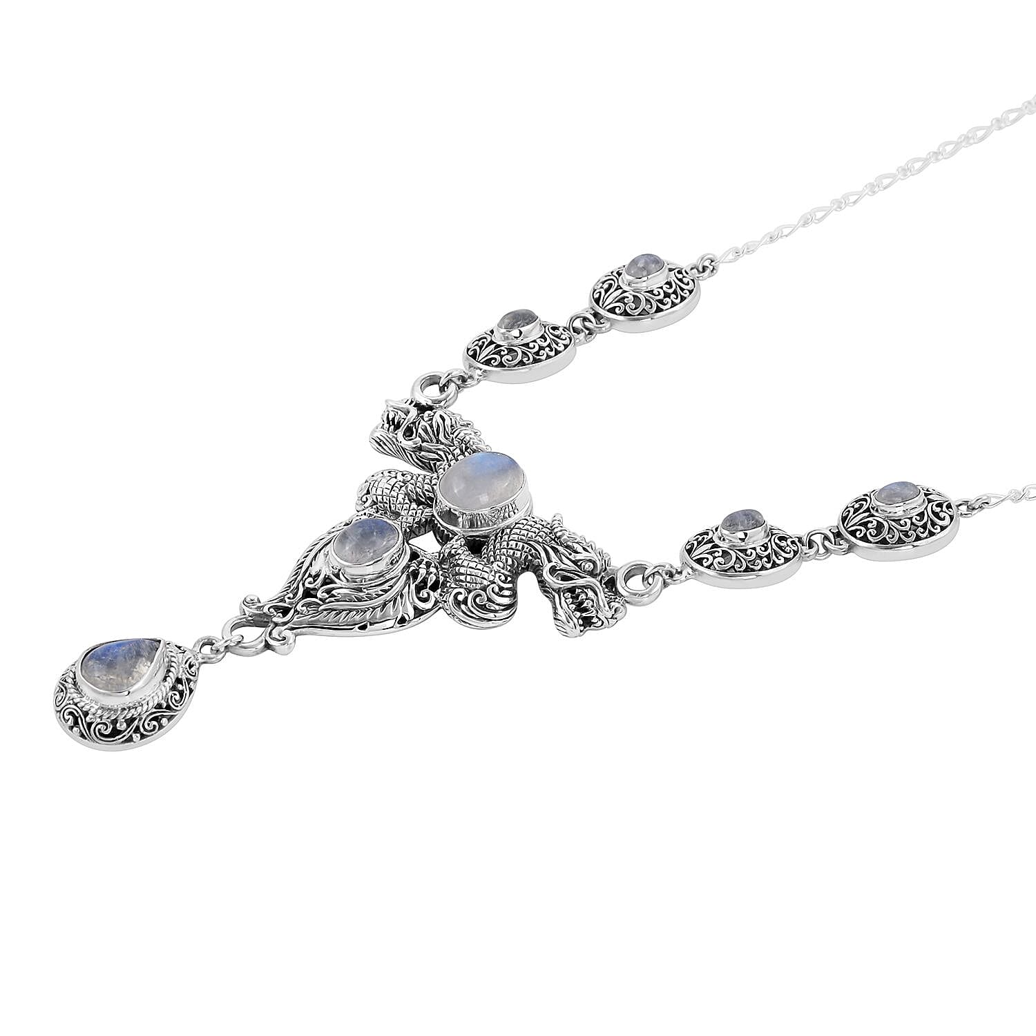 Bali Legacy Premium Rainbow Moonstone Dragon Necklace 20 Inches in Sterling Silver 12.60 ctw