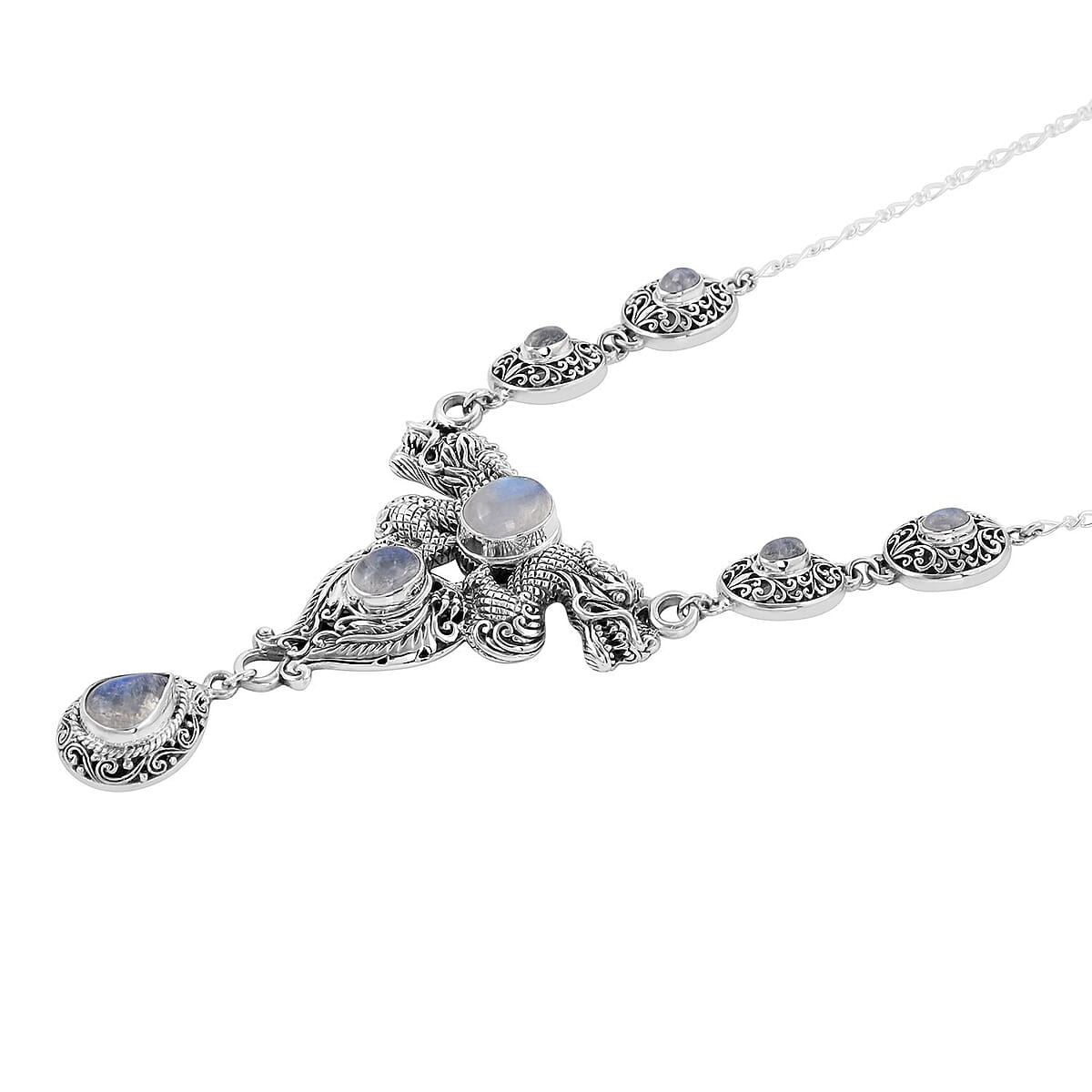Bali Legacy Premium Rainbow Moonstone Dragon Necklace 20 Inches in Sterling Silver 12.60 ctw image number 4