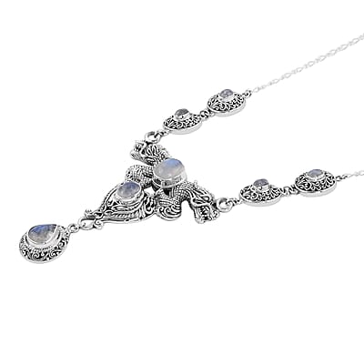 Bali Legacy Premium Rainbow Moonstone Dragon Necklace 20 Inches in Sterling Silver 12.60 ctw