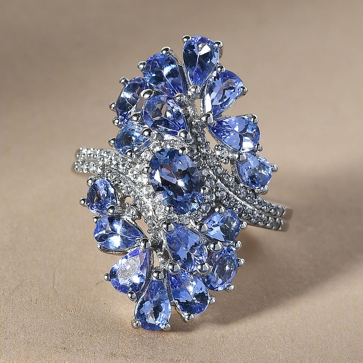 Tanzanite, Natural White Zircon Elongated Ring in Platinum Over Sterling Silver (Size 5.0) 3.80 ctw image number 1