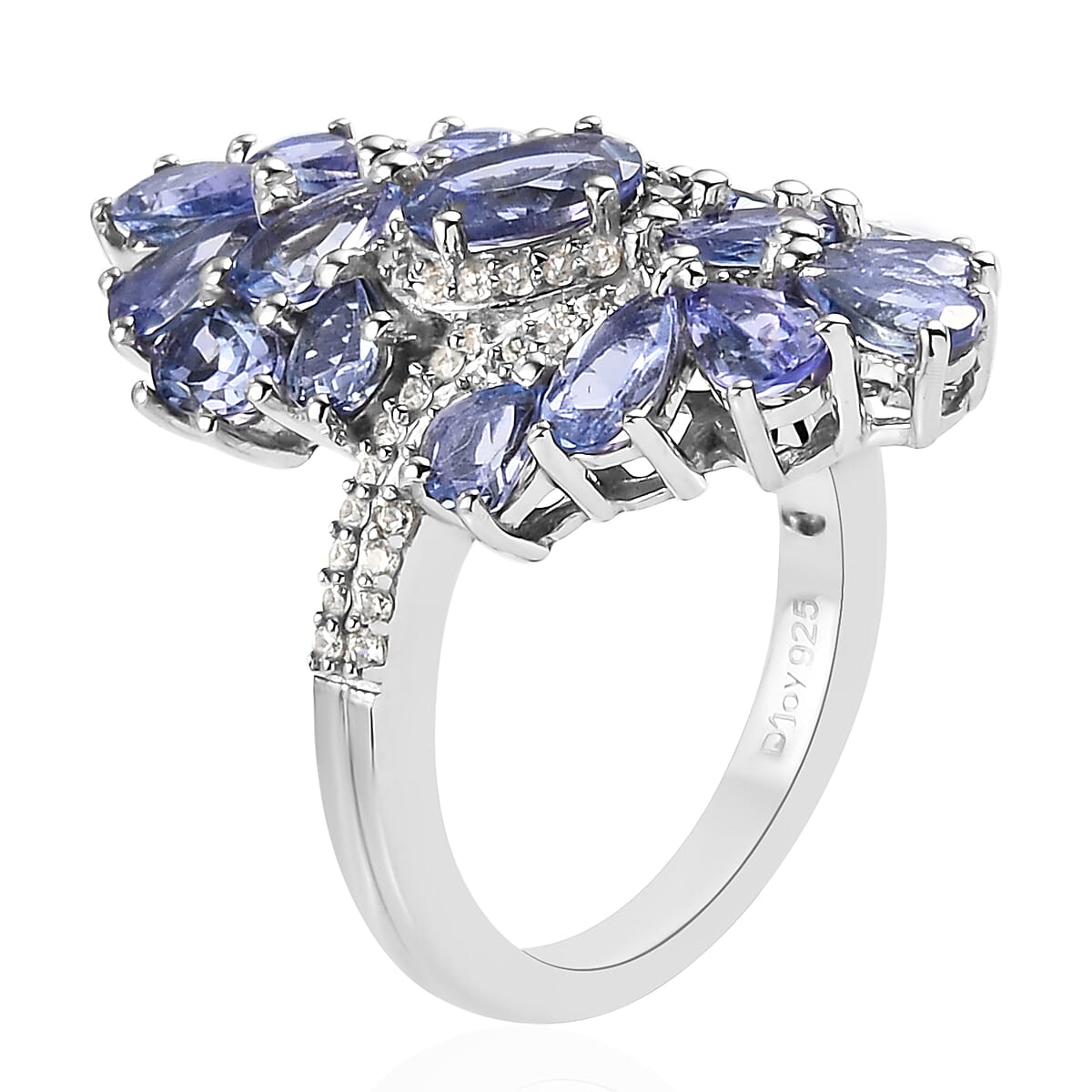 Tanzanite, Natural White Zircon Elongated Ring in Platinum Over Sterling Silver (Size 5.0) 3.80 ctw image number 3
