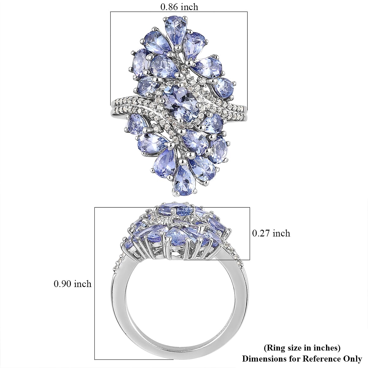 Tanzanite, Natural White Zircon Elongated Ring in Platinum Over Sterling Silver (Size 5.0) 3.80 ctw image number 5