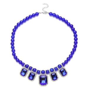 Simulated Blue Sapphire and Austrian Crystal Beaded Necklace 20-22 Inches in Silvertone