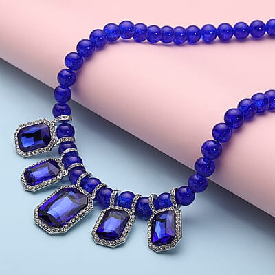 Simulated Blue Sapphire and Austrian Crystal Beaded Necklace 20-22 Inches in Silvertone