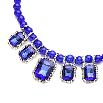Simulated Blue Sapphire and Austrian Crystal Beaded Necklace 20-22 Inches in Silvertone