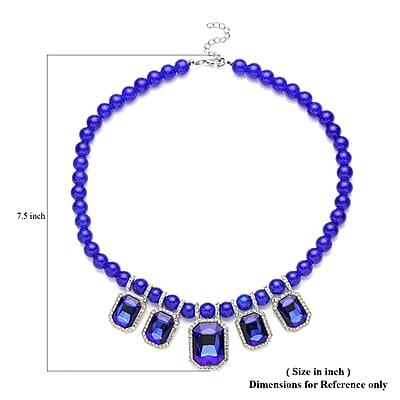 Simulated Blue Sapphire and Austrian Crystal Beaded Necklace 20-22 Inches in Silvertone