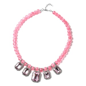 Simulated Pink Sapphire and Austrian Crystal Beaded Necklace 20-22 Inches in Silvertone