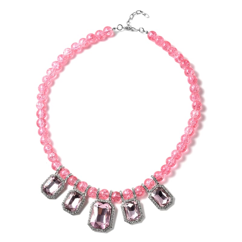 Simulated Pink Sapphire and Austrian Crystal Beaded Necklace 20-22 Inches in Silvertone