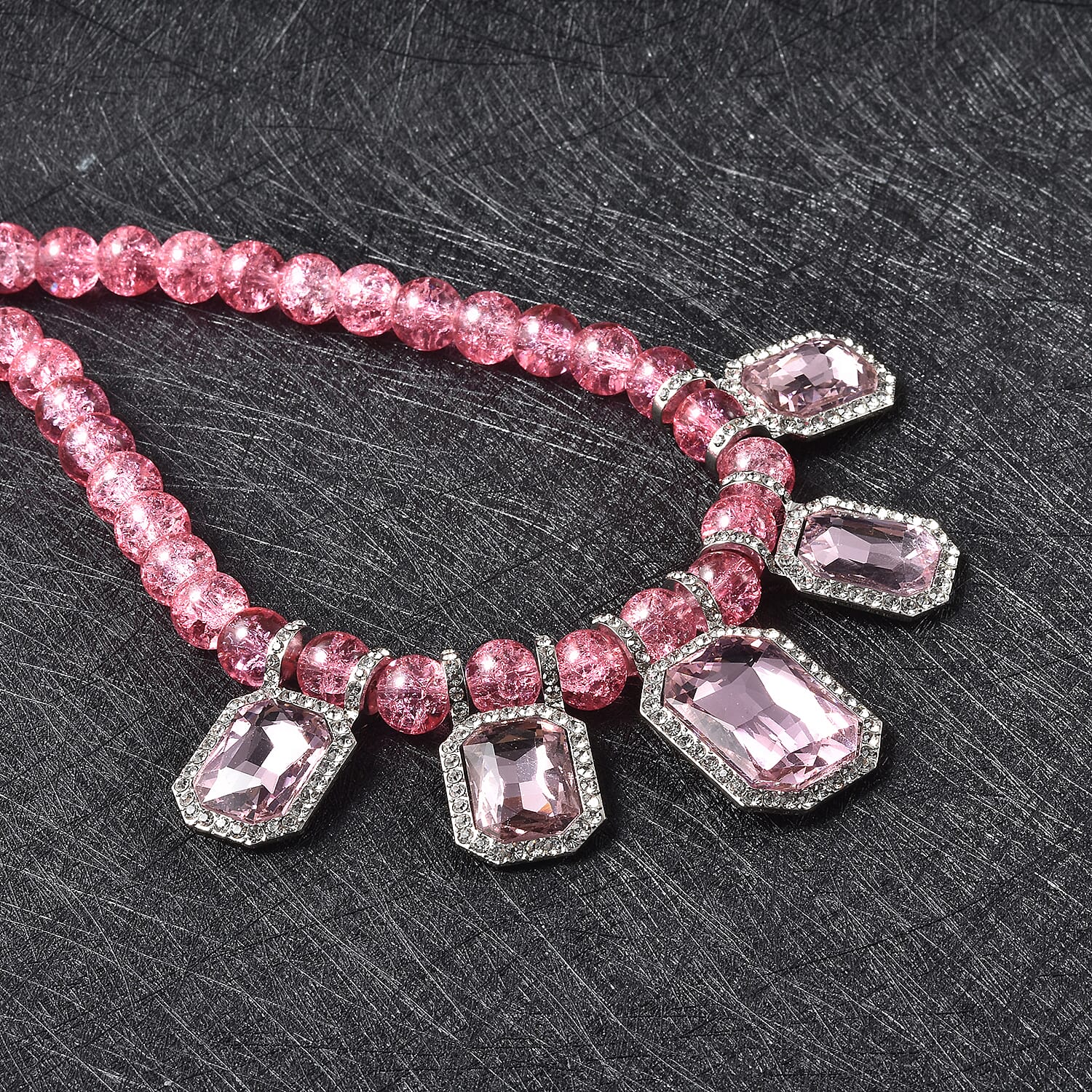 Simulated Pink Sapphire and Austrian Crystal Beaded Necklace 20-22 Inches in Silvertone