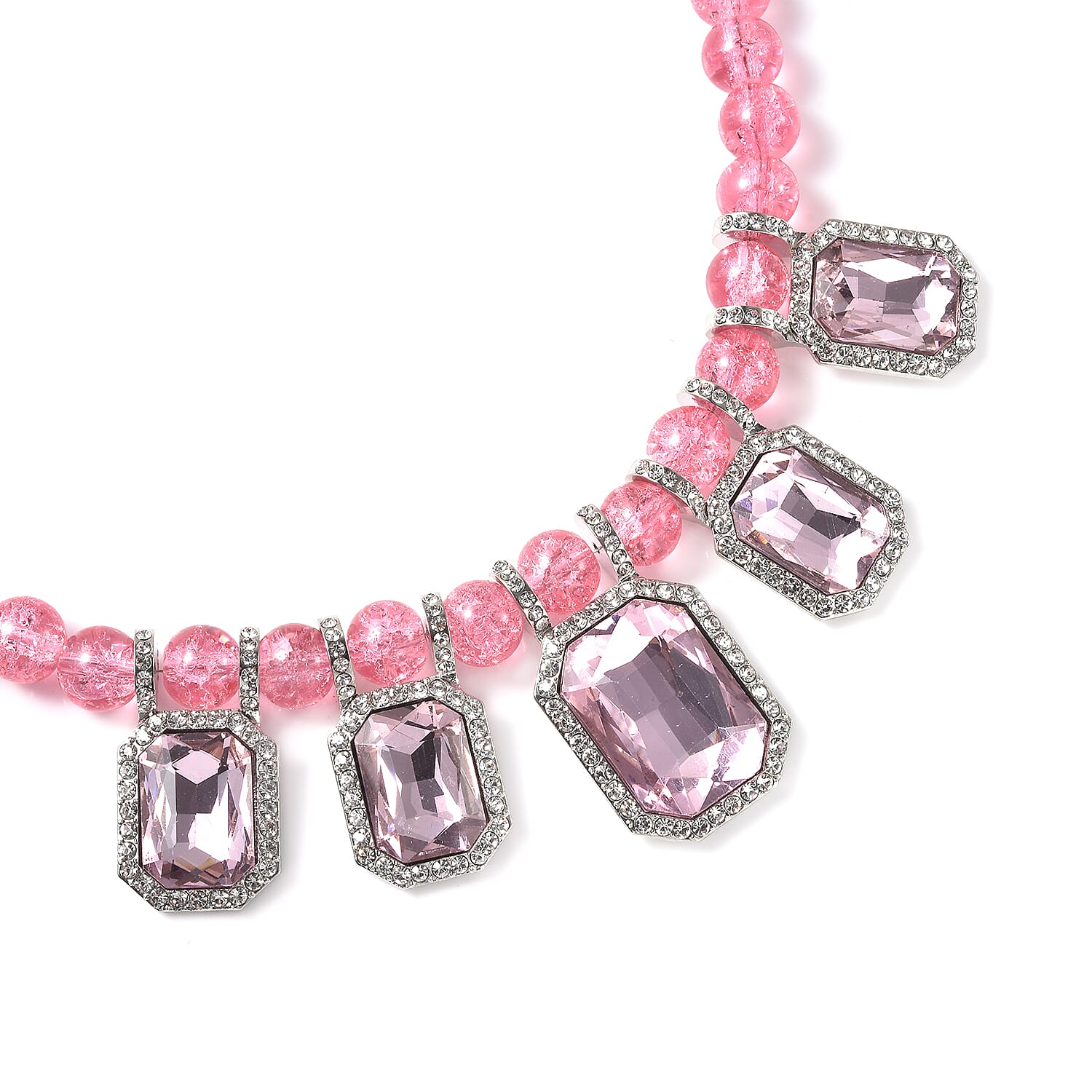 Simulated Pink Sapphire and Austrian Crystal Beaded Necklace 20-22 Inches in Silvertone
