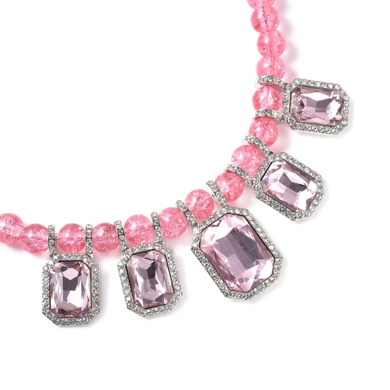 Simulated Pink Sapphire and Austrian Crystal Beaded Necklace 20-22 Inches in Silvertone