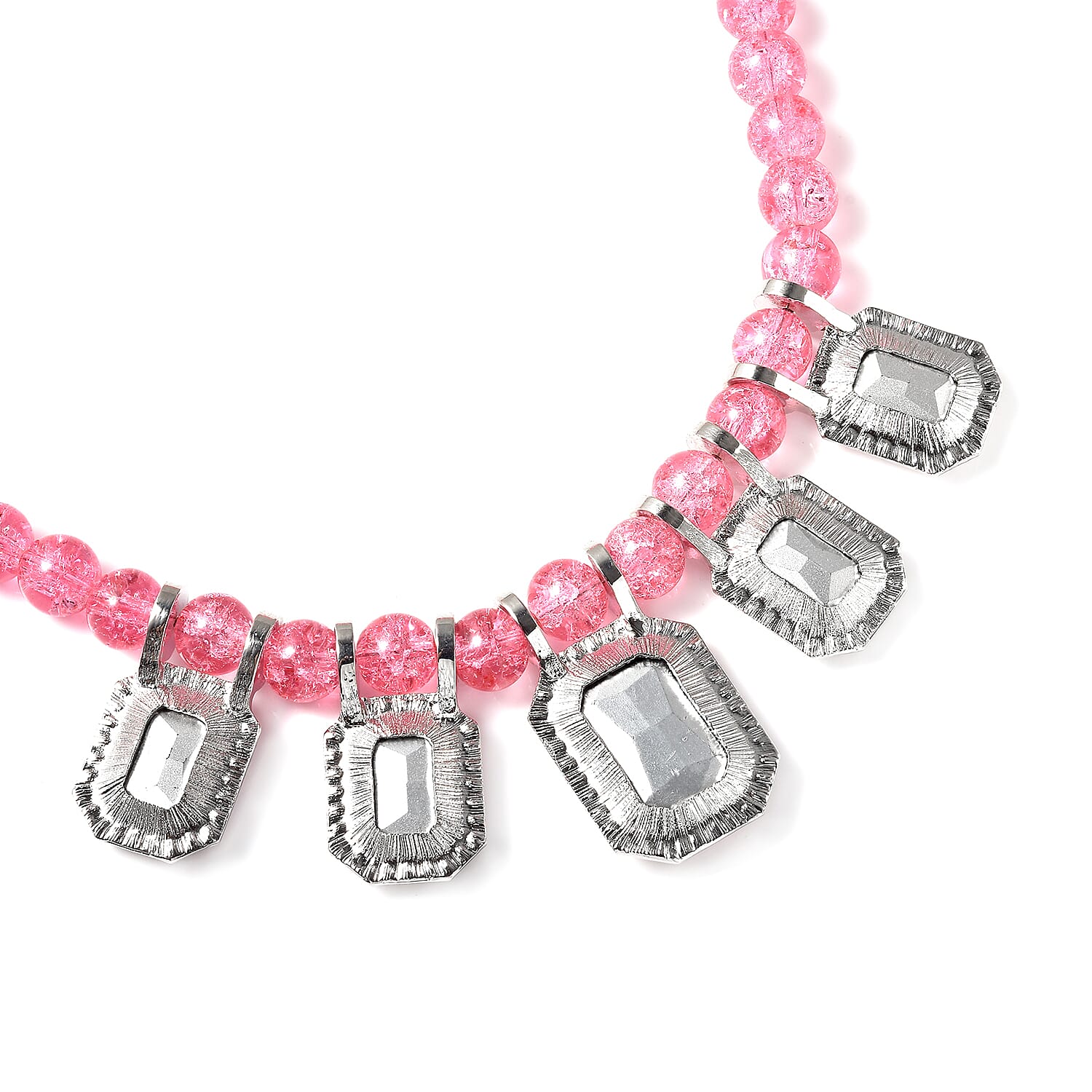 Simulated Pink Sapphire and Austrian Crystal Beaded Necklace 20-22 Inches in Silvertone