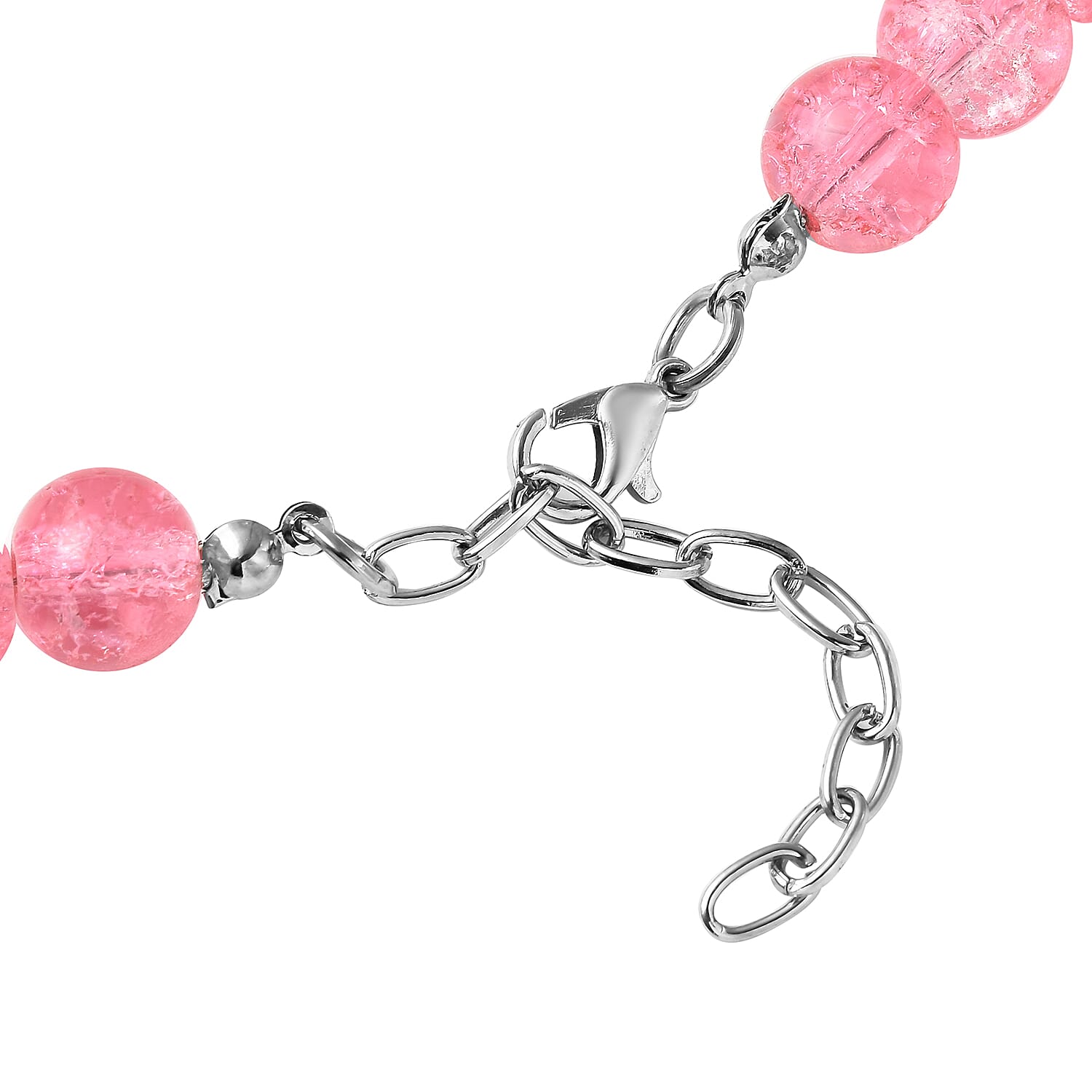 Simulated Pink Sapphire and Austrian Crystal Beaded Necklace 20-22 Inches in Silvertone